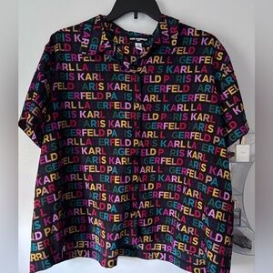 Karl Lagerfeld 1X Black Top Collar Rainbow Spellout Button Up Short Sleeve